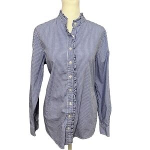 Signature Collection Blue Gingham Ruffle Trim Long Sleeve Button Up Shirt Medium